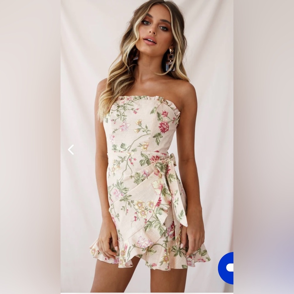 Stacey Frill Bustier Wrap Dress Floral Print Nude